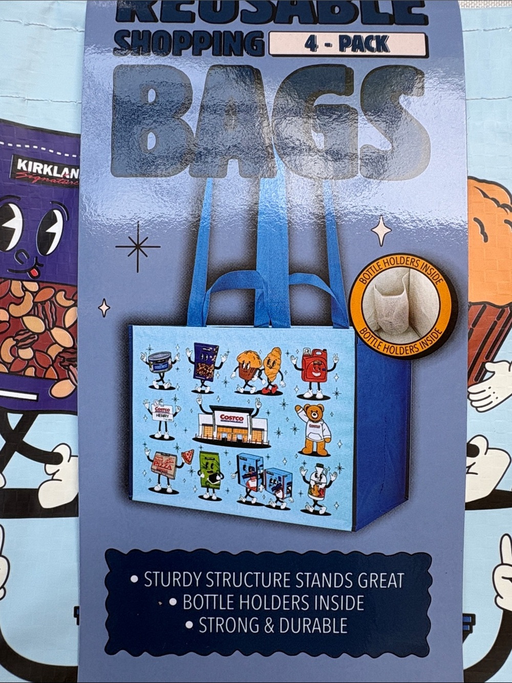 4 Pack of Character Reusable Shopping Bags Costco Kirkland Signature- Durable